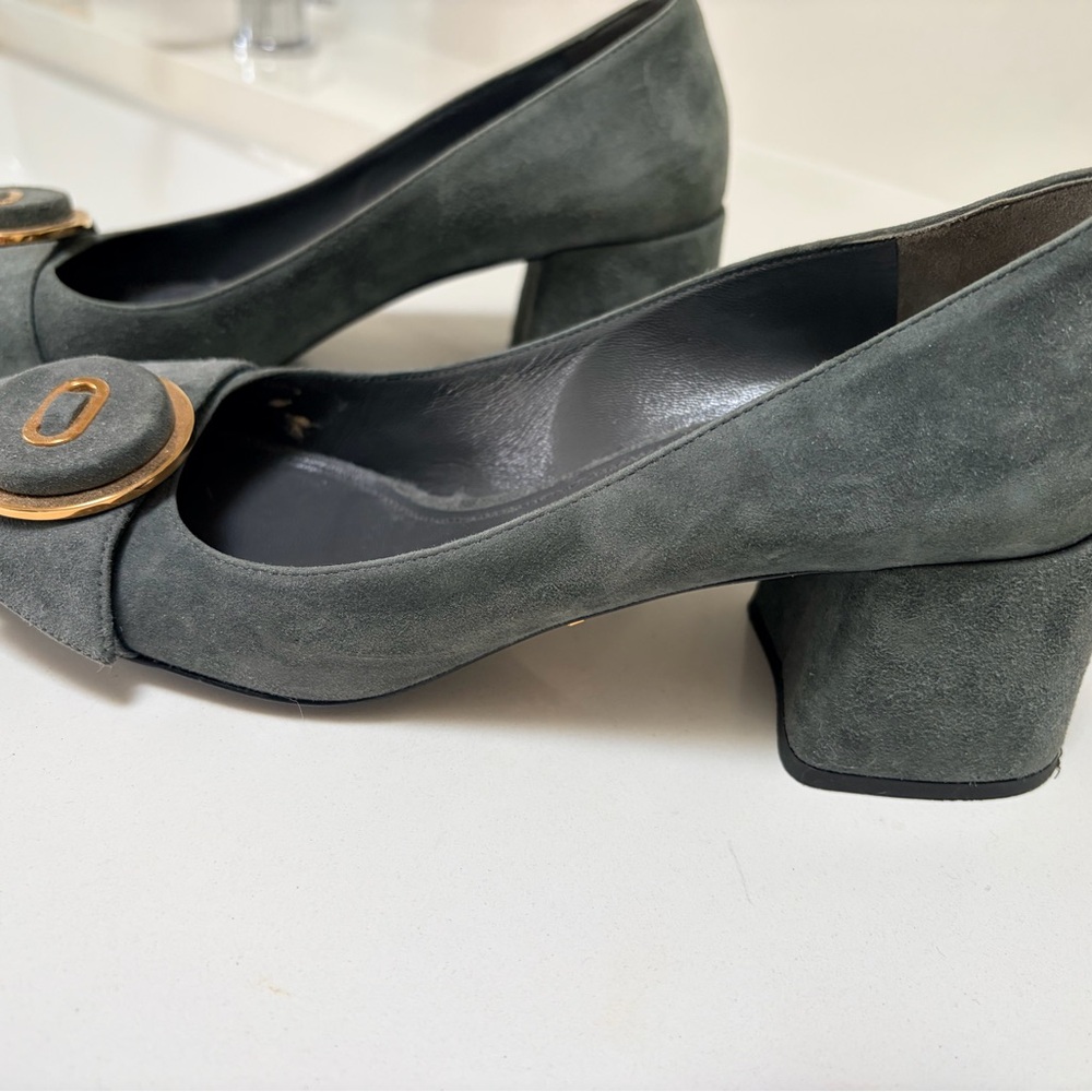 Prada Gray Suede Block Heel Sandals
